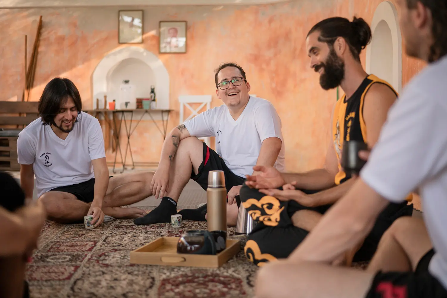 Students sharing tea and conversation during the retreat