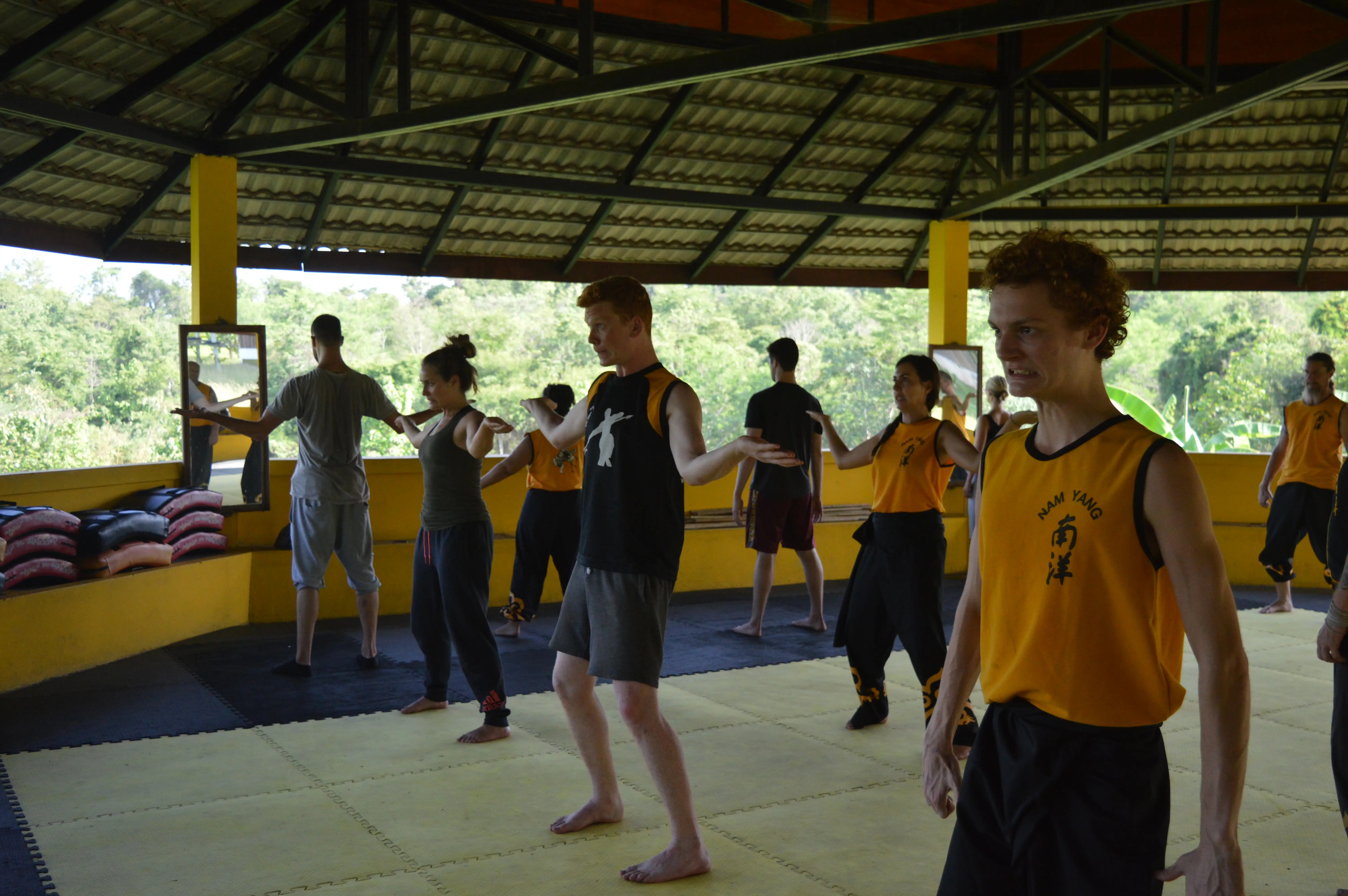 Students practising Vein and Tendon Chi Kung in the Nam Yang training hall in Thailand, showing demanding postures and structural alignment