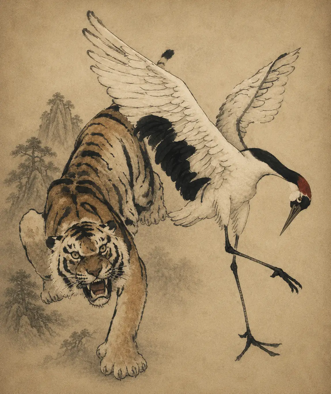 Tiger-Crane artwork in traditional East Asian ink-painting style, showing the tiger and crane in balance